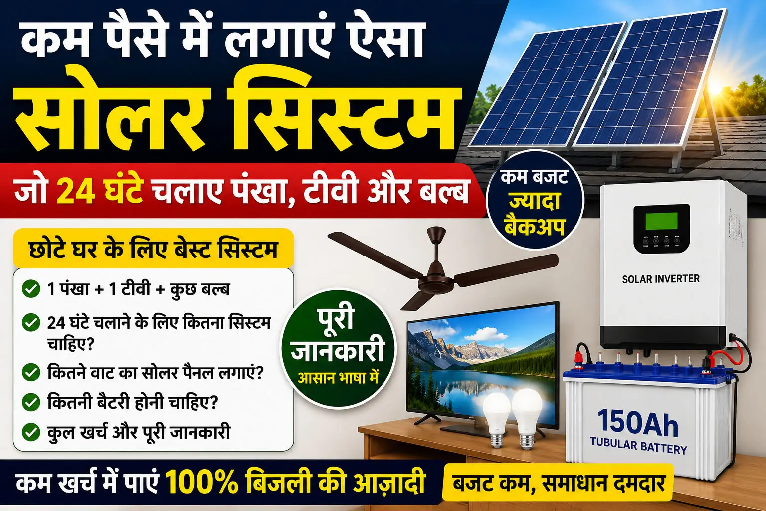 कम बजट में ऐसा सोलर सिस्टम कैसे लगाएं जो 24 घंटे पंखा, टीवी और एलईडी बल्ब चला सके? जानिए कितने वाट का सोलर पैनल, कौन सी बैटरी, कितना खर्च और छोटे घरों के लिए सबसे अच्छा सोलर सेटअप।